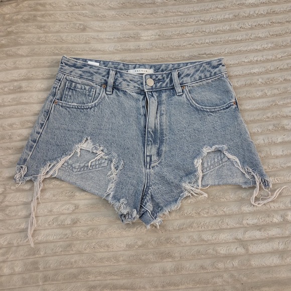 PacSun Pants - PacSun High Rise Distressed Denim Shorts Size 27 Light Wash Frayed Cutoff